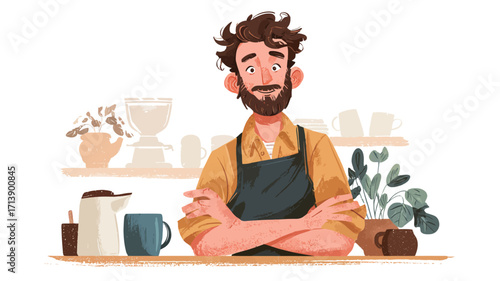 A digital illustration depicting a stylized portrait of a male barista. He is light-skinned with brown hair and a beard, wearing a yellow shirt and a dark-colored apron. His arms are crossed,