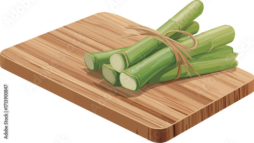 Isometric illustration of a bundle of green sugarcane stalks tied together with twine, resting on a light brown wooden cutting board. The cutting board has visible wood grain and is rectangular