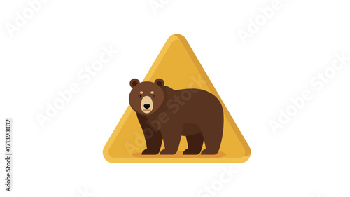The image is a digital illustration of a brown bear inside a yellow triangular warning sign. The bear is depicted in a simplified, cartoonish style. The background is white