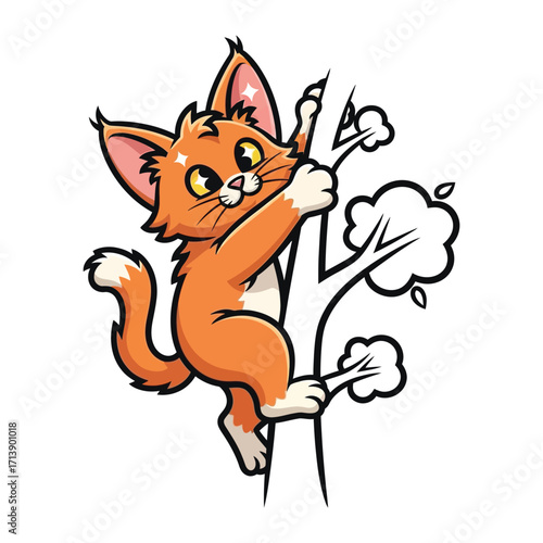 Playful Paws and Arboreal Adventures: A charming illustration captures a cartoon cat's spirited ascent of a tree, celebrating the natural curiosity and agility of feline companions.