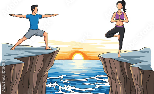 Yoga at sunset, cliff edge balance, ocean view, warrior pose, tree pose, peaceful nature, fitness outdoors, scenic meditation, tranquil horizon