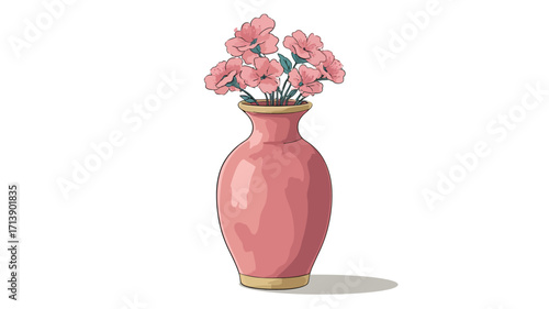 A digital illustration depicting a light pink ceramic vase,  with a slightly bulbous body and a smaller base and neck, holding a small bouquet of light pink flowers.  