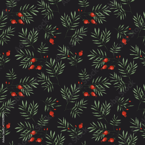 Floral seamless pattern berries and leaves on black background. Hand drawn botanical repeat print for textile, fabric, wallpaper, wrapping and design. 