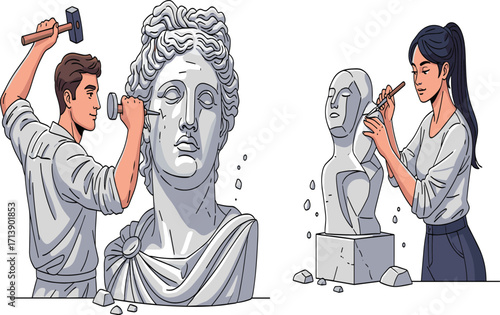 Sculptors carving busts, classical and abstract styles, stone art, chiseling technique, male and female artists, studio, craftsmanship, sculpture process