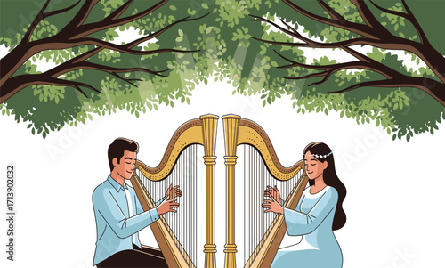 Outdoor harp performance, nature concert, musical duo, serene forest, classical music, green canopy, peaceful setting, artistic expression, live harmony, tranquil vibe