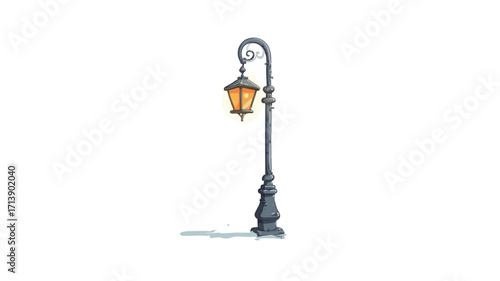 Digital illustration of a tall, gray metal street lamp post with an ornate design. The lamp post features a curved arm holding a lantern with a warm, yellow-orange light emanating from within.