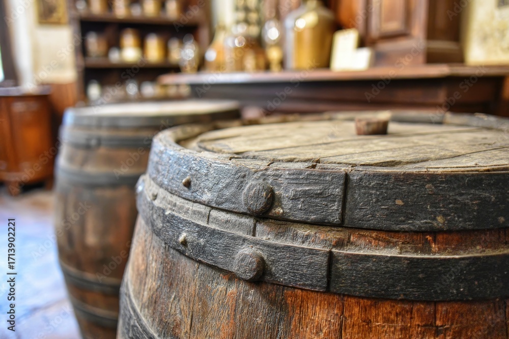 Fototapeta premium Two aged wooden barrels, close-up view, in a historical apothecary setting