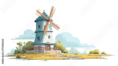 A digital painting depicting a stylized windmill. The windmill is rendered in a cartoonish style with a blue and white tower, brown wooden blades, and stone base.It sits in a yellow-green meadow