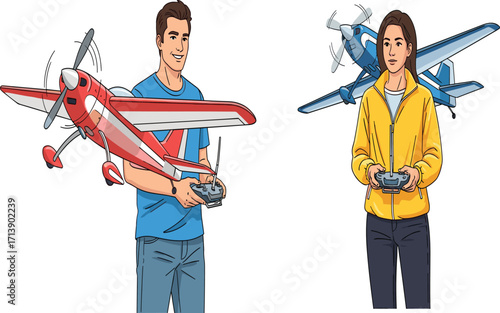 Remote control airplane hobby, outdoor activity, model aircraft flying, aviation enthusiasts, weekend fun, technical skill, recreational sport, sky background, teamwork, leisure