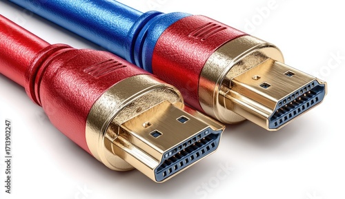 Close-up of two HDMI cables, red and blue, with gold connectors, on white background