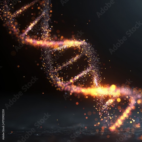 Luminous DNA Helix Formed by Glowing Particles Against Dark, Cosmic Background.