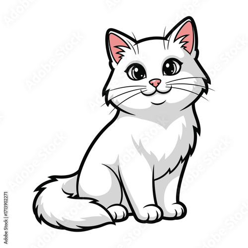 Charming Cat: A cheerful cartoon cat sitting up. Its fur is beautifully white, the image capturing a sense of innocence and happiness.