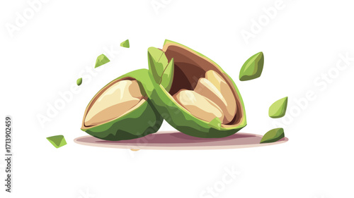 A digital illustration depicting a cracked open green nut revealing its inner kernels. The nut is depicted in a cartoonish style with a smooth texture.  The background is plain white.