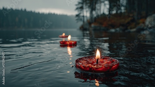 Red candles float on lake water, serene autumnal scene