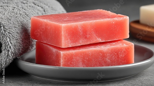 Two bars of vibrant pink soap rest on a gray dish, next to a gray towel
