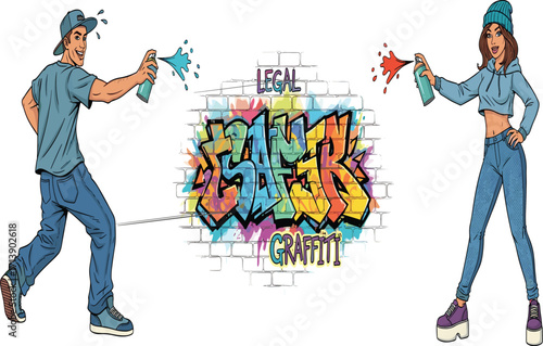 Urban graffiti artists, spray painting brick wall, legal street art, colorful mural, creative expression, youth culture, safe zone, vibrant city scene