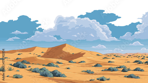 The image is a digital illustration or painting depicting a desert landscape. The dominant features are large sand dunes in the mid-ground, rendered in shades of orange and yellow with distinct