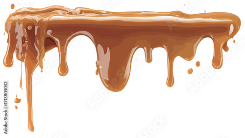 Close-up shot of melted caramel dripping downwards against a pure white background. The caramel is a rich amber-brown color with a glossy, viscous texture.  