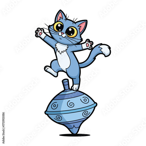 Whimsical feline on Spinning Top: This delightful illustration depicts a playful cat balancing atop a vibrant spinning top, a whimsical scene filled with joy and movement. 