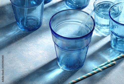 Blue drinking glasses on textured surface
