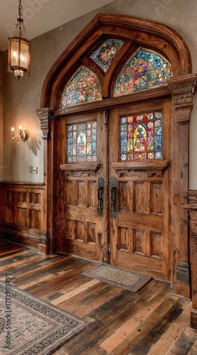 Ornate wooden doors with stained glass, in a hallway with paneled walls