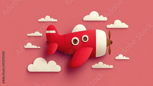 Cute red airplane in flight, surrounded by clouds on a pink background