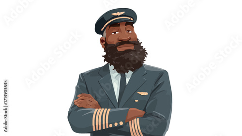 A digital illustration of a dark-skinned male pilot with a full beard wearing a dark blue pilot uniform, arms crossed, against a white background.  The style is cartoonish or vector-based