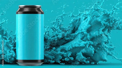 Teal can amidst vibrant splashes (1)