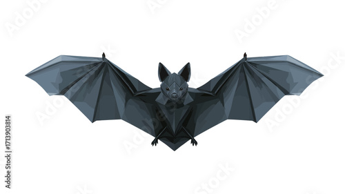 A stylized illustration of a bat, rendered in a dark gray color scheme. The bat is depicted with its wings spread wide, showcasing a geometric, almost origami-like design. The image is set against