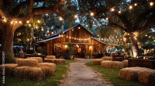 Rustic barn at twilight, string lights