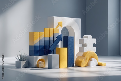 Abstract 3D scene with graphic elements, including charts, arrows, and a puzzle piece, set in a minimalist interior