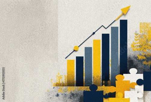 Abstract graphic of upward trend, puzzle pieces, and textured background