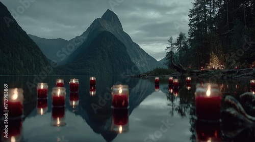Crimson candles float on still lake, mountains loom