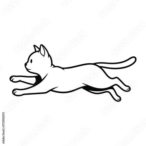 Agile Silhouette: A clean, monochromatic illustration of a sleek cat in mid-leap, showcasing agility and grace with simple lines and dynamic form.
