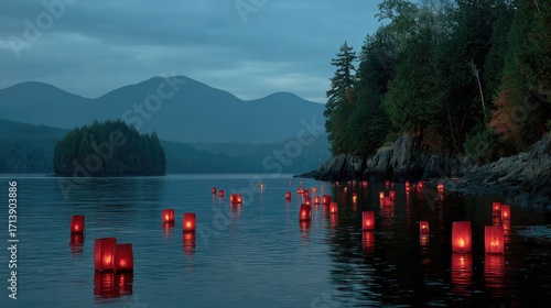 Red lanterns float on a lake at dusk, mountains in the background