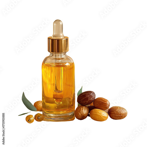 Golden liquid oil in dropper bottle, surrounded by argan nuts and leaves