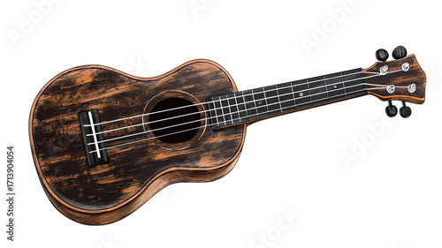 High-angle, close-up studio shot of a concert ukulele. The ukulele is predominantly dark brown and black, exhibiting a wood grain pattern. It is positioned diagonally against a stark white