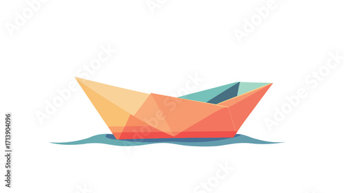 A digital illustration depicting a colorful origami paper boat floating on stylized blue water. The boat is primarily orange and red with hints of yellow and teal, showcasing a low-poly or faceted