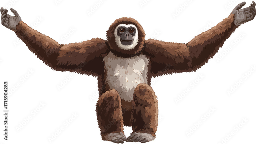 Obraz premium A digital illustration depicts a brown gibbon ape sitting with its arms outstretched against a pure white background. The gibbon is rendered in detail, showcasing its fur, hands,