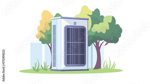 A digital illustration depicting a white air purifier positioned outdoors in a park setting. The purifier is prominently displayed in the center, with stylized green trees and grass