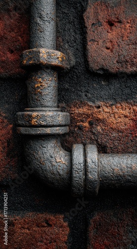 Rusty pipe elbow against brick wall