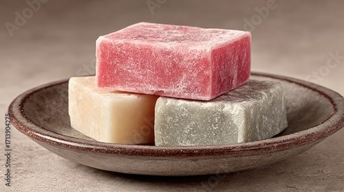 Three colorful square soaps on a plate