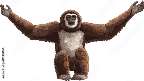 A digital illustration depicts a brown gibbon ape sitting with its arms outstretched against a pure white background. The gibbon is rendered in detail, showcasing its fur, hands,
