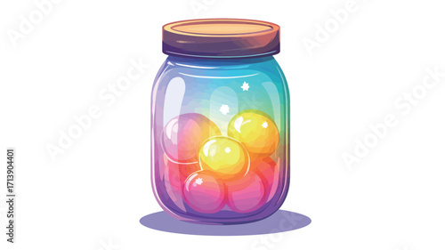 Digital illustration of a glass jar with a wooden lid containing several glowing, brightly colored spheres. The spheres exhibit a rainbow gradient of colors.  The jar itself is transparent,