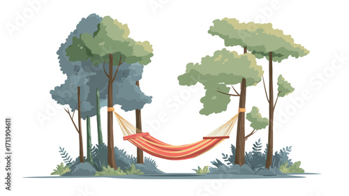 Digital illustration depicting an orange hammock suspended between two groups of stylized trees. The trees are rendered in shades of green and gray-green, with simplified foliage.  