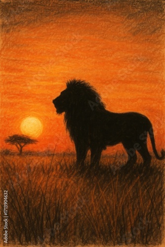 Majestic lion silhouette against a vibrant orange savanna sunset.
