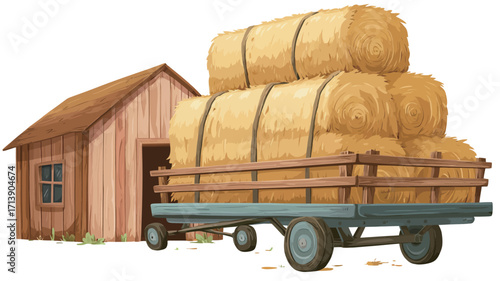 The image depicts a digitally rendered illustration of three large, cylindrical hay bales stacked on a rustic wooden wagon. The wagon is positioned next to a small, simple wooden barn with a brown