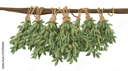 A digital illustration depicting eight bundles of fresh green herbs tied with twine and hanging from a brown branch against a white background. The herbs are illustrated with detail