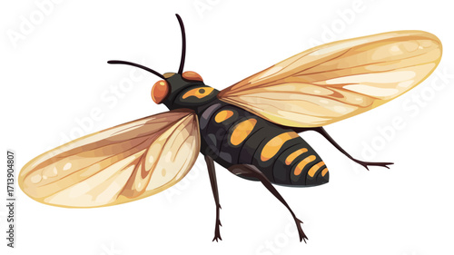 A detailed illustration of a yellow-banded sawfly. The image showcases the insect's body with distinct yellow and black banding patterns on its abdomen and thorax.  Its transparent, veined wings