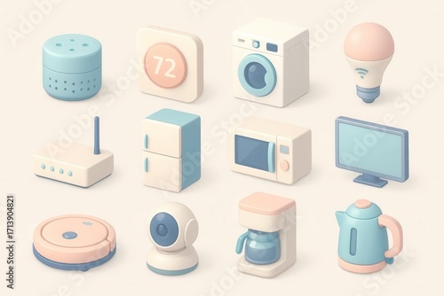 Collection of cute 3D smart home and household appliance icons
